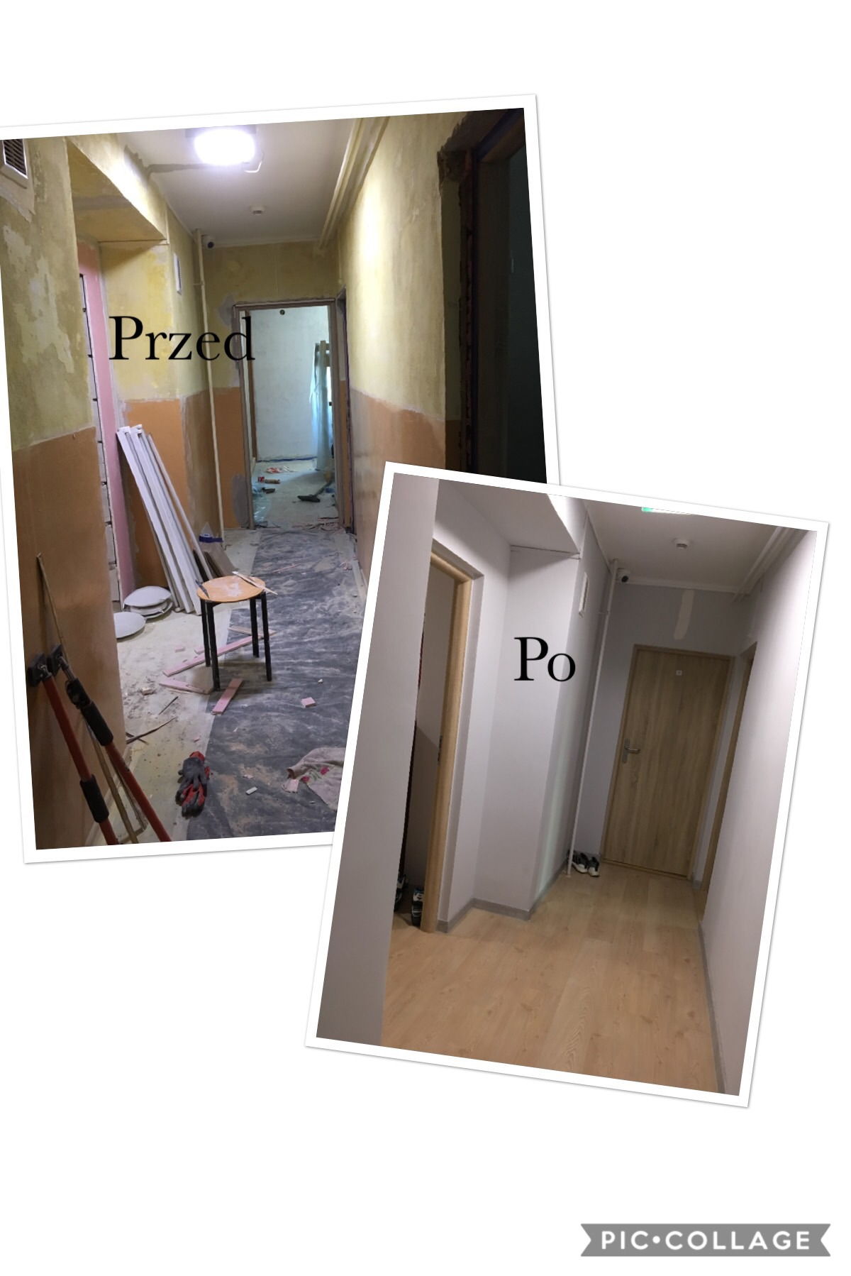 Korytarz w bloku przed i po remoncie: widok na surowe ściany i narzędzia pracy zestawiony z odnowionym wnętrzem z panelami podłogowymi i świeżo pomalowanymi ścianami.