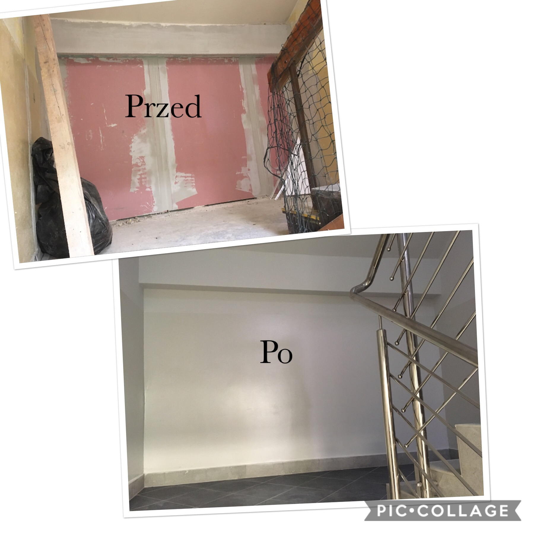 Porównanie stanu ściany przed i po malowaniu: ściana z resztkami gładzi gipsowej i surową płytą karton-gips, obok worek na śmieci, a poniżej pomalowana na biało ściana z szarymi płytkami...