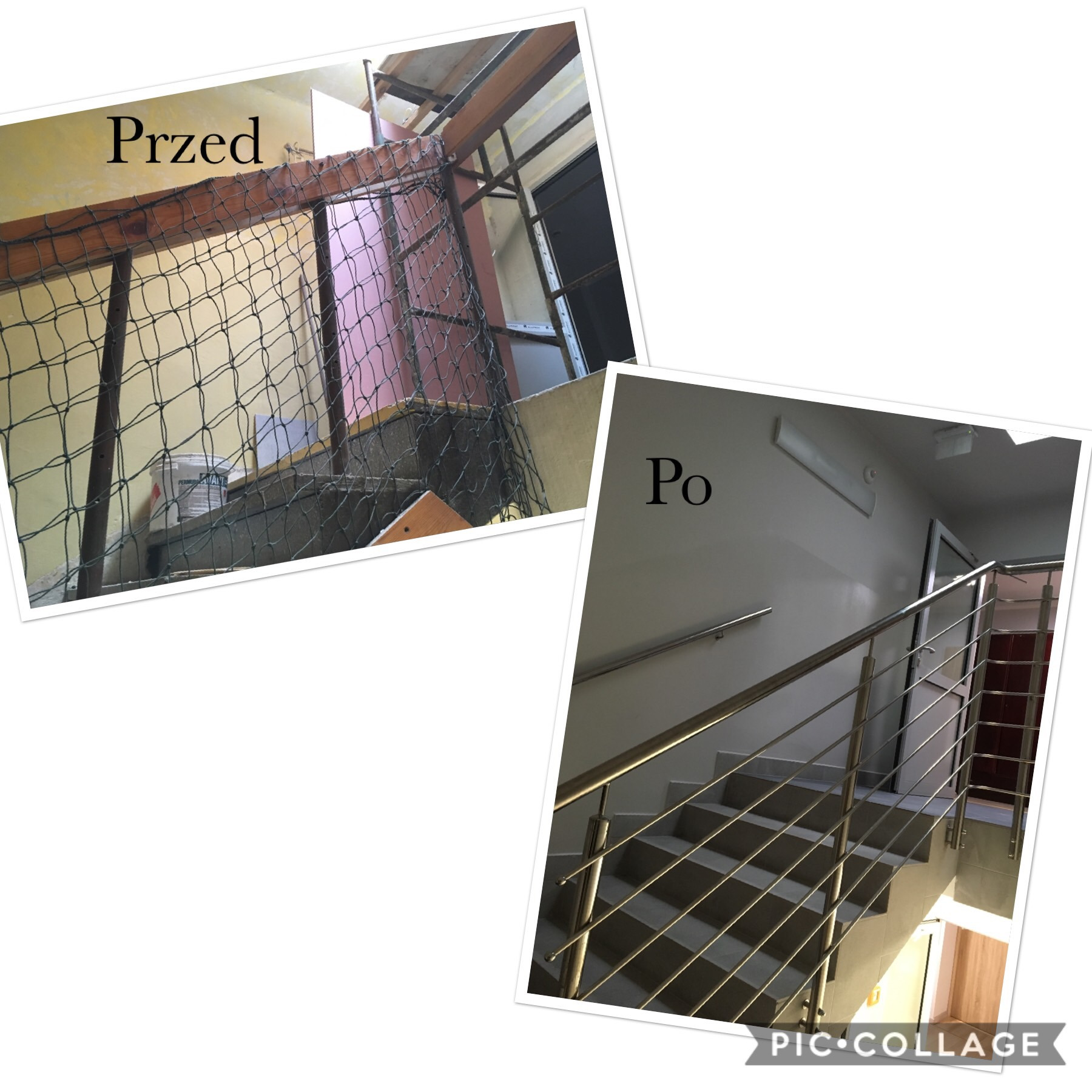 Klatka schodowa przed i po remoncie: widoczne zmiany od stanu surowego z siatką zabezpieczającą, do wykończonych schodów z metalową balustradą i pomalowanymi ścianami.
