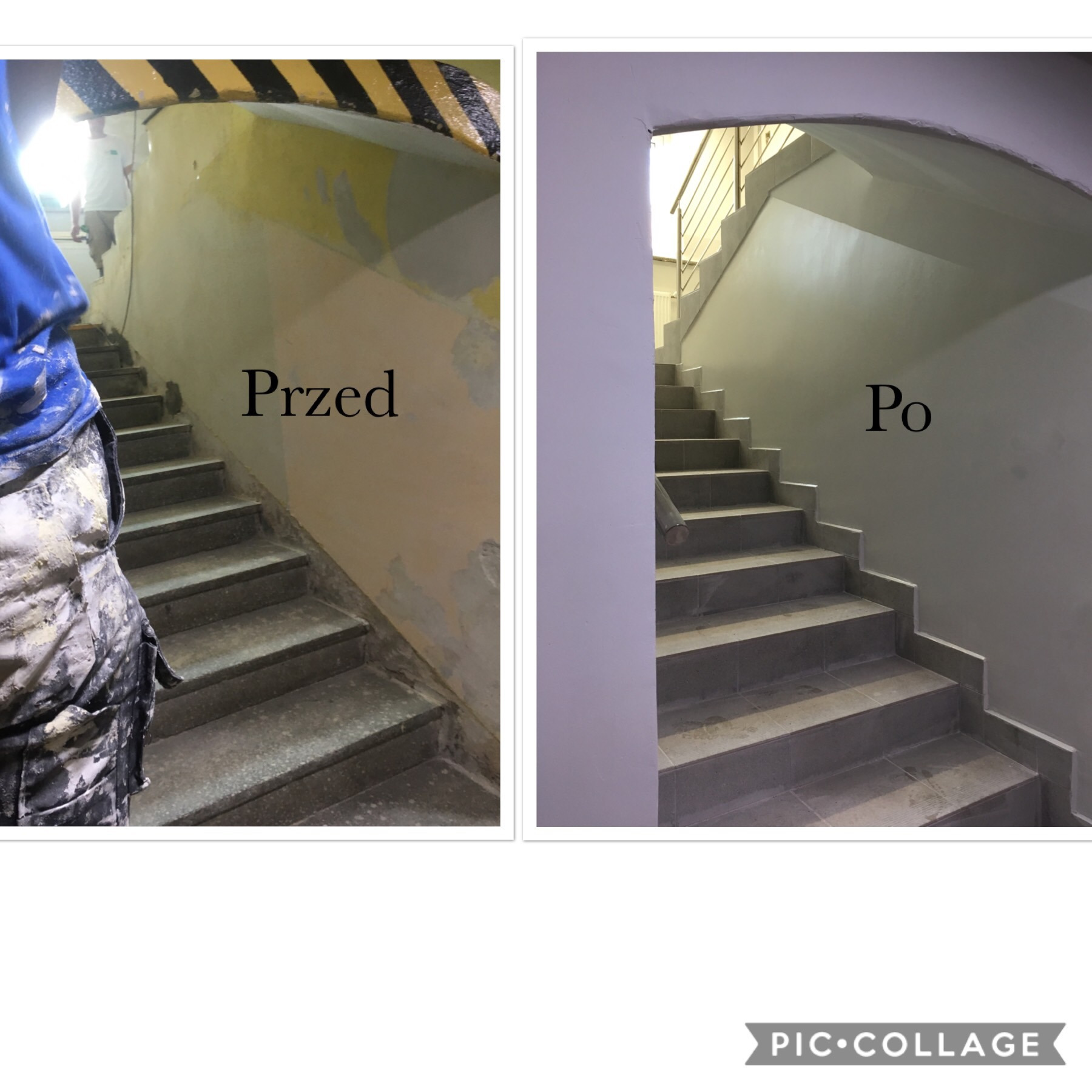 Porównanie stanu schodów przed i po remoncie: od zniszczonych ścian i schodów z odpryskującą farbą do świeżo pomalowanych ścian i wykończonych schodów z nową balustradą.