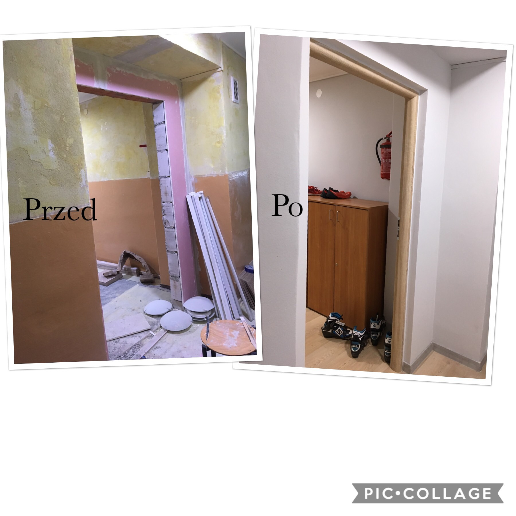 Kolaż zdjęć 'przed' i 'po' przedstawiający odnowione wejście do pomieszczenia. Część 'przed' ukazuje surowe ściany z resztkami farby i widocznymi elementami konstrukcyjnymi, a część 'po' prezentuje...