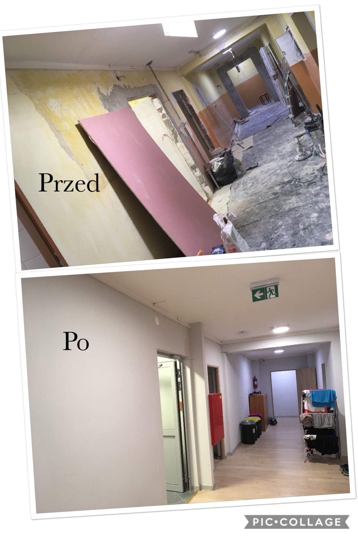 Zdjęcie 'przed' i 'po' przedstawiające remont korytarza w Bielsko-Białej. Górna część pokazuje stan pomieszczenia z uszkodzonymi ścianami i widocznymi instalacjami, a dolna część ukazuje odnowione,...