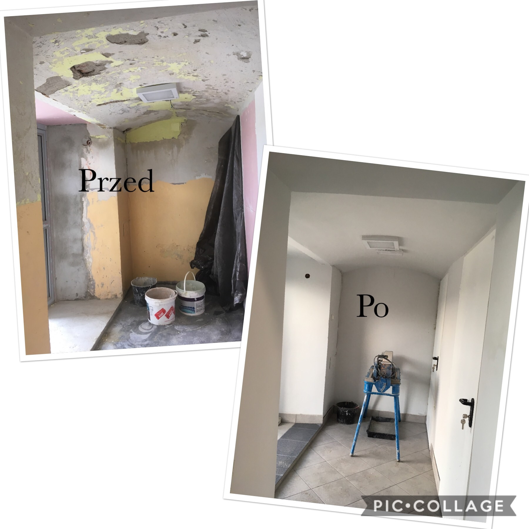 Porównanie stanu korytarza przed i po remoncie: po lewej surowy strop z odpadającą farbą, po prawej odnowione, pomalowane na biało ściany i sufit, na podłodze płytki.