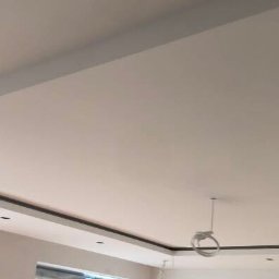 Daniel P - Biały sufit z szarymi listwami wykończeniowymi, widoczne okna w dolnej części kadru oraz wiszący przewód elektryczny.