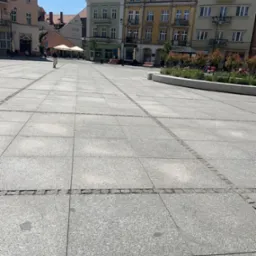 Rozległy plac miejski wyłożony szarą kostką brukową, z widocznymi liniami z drobnej kostki oddzielającymi poszczególne sekcje, w tle zabytkowe budynki i elementy zieleni miejskiej.