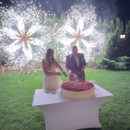 Piotr Wołowik Fotografia - Para młoda kroi tort weselny na tle efektownych fontann iskier podczas nocnej uroczystości plenerowej. Romantyczna atmosfera.