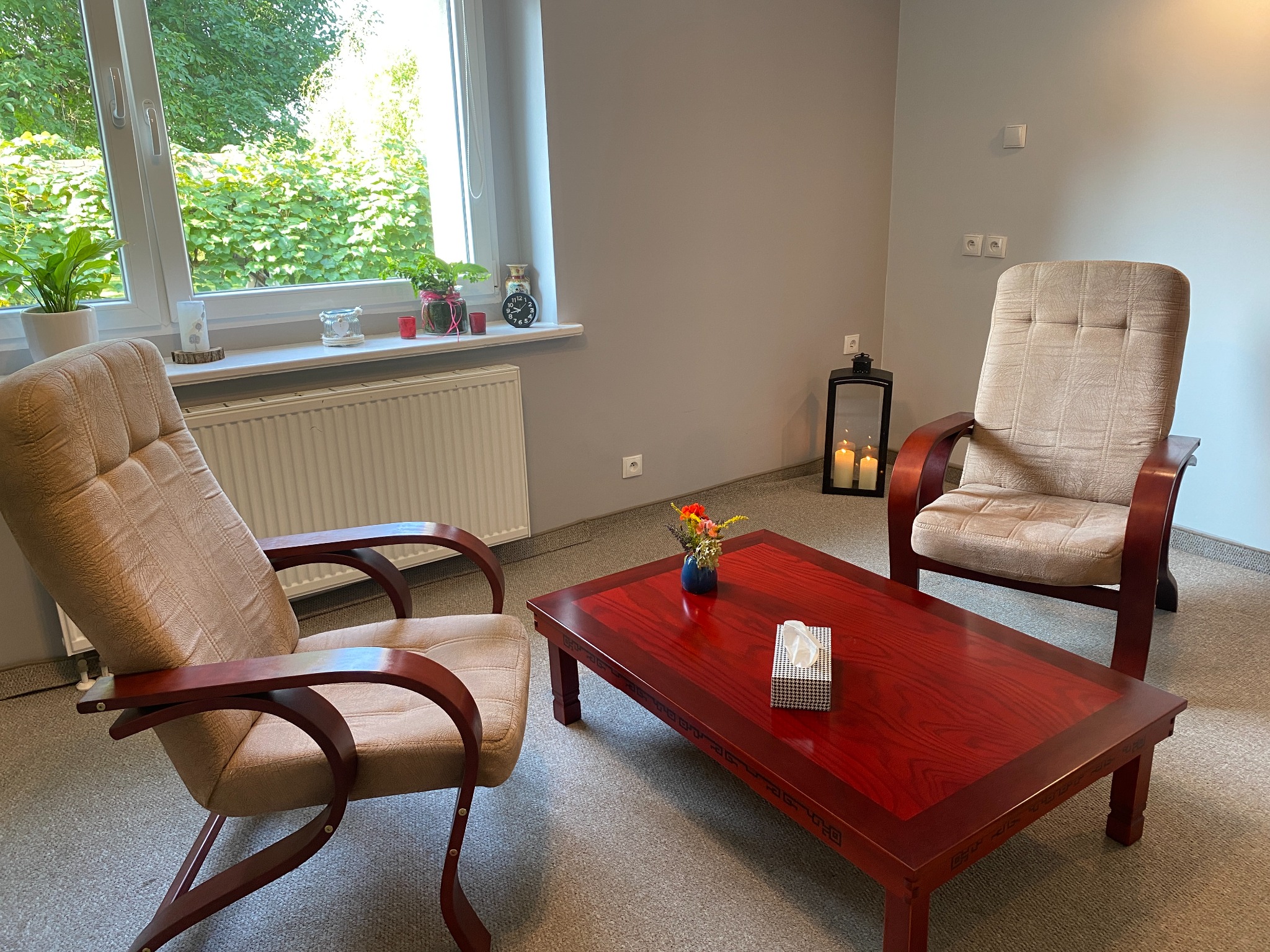 Jasne wnętrze gabinetu z dwoma fotelami z drewnianymi podłokietnikami i niskim, czerwonym stolikiem kawowym z wazonem kwiatów i pudełkiem chusteczek. Za oknem widoczna zieleń.