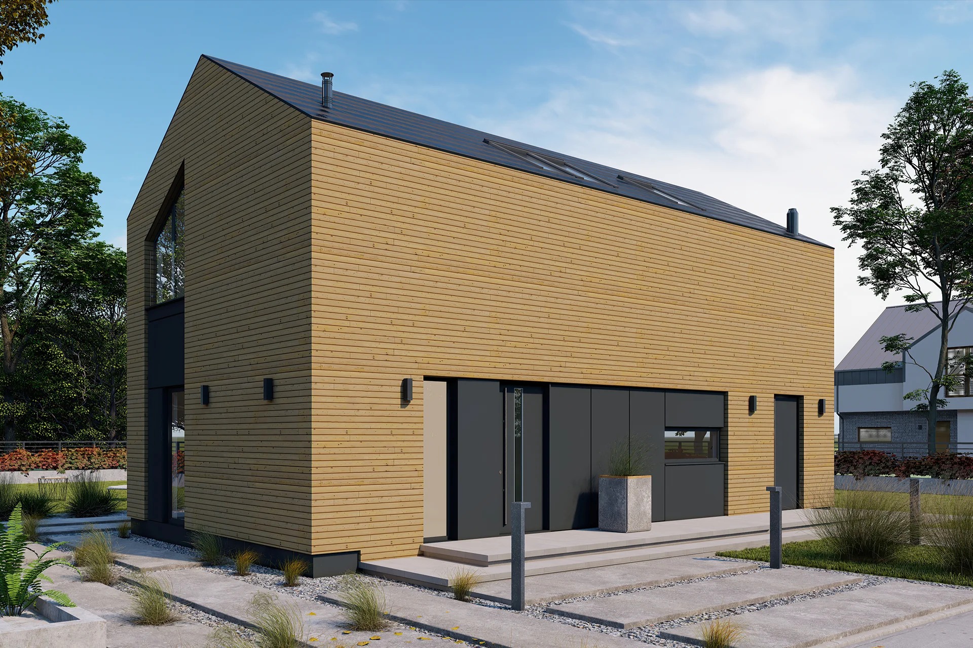 Wizualizacja nowoczesnego domu o prostej bryle, z elewacją z jasnego drewna i grafitowymi elementami, w otoczeniu zieleni.