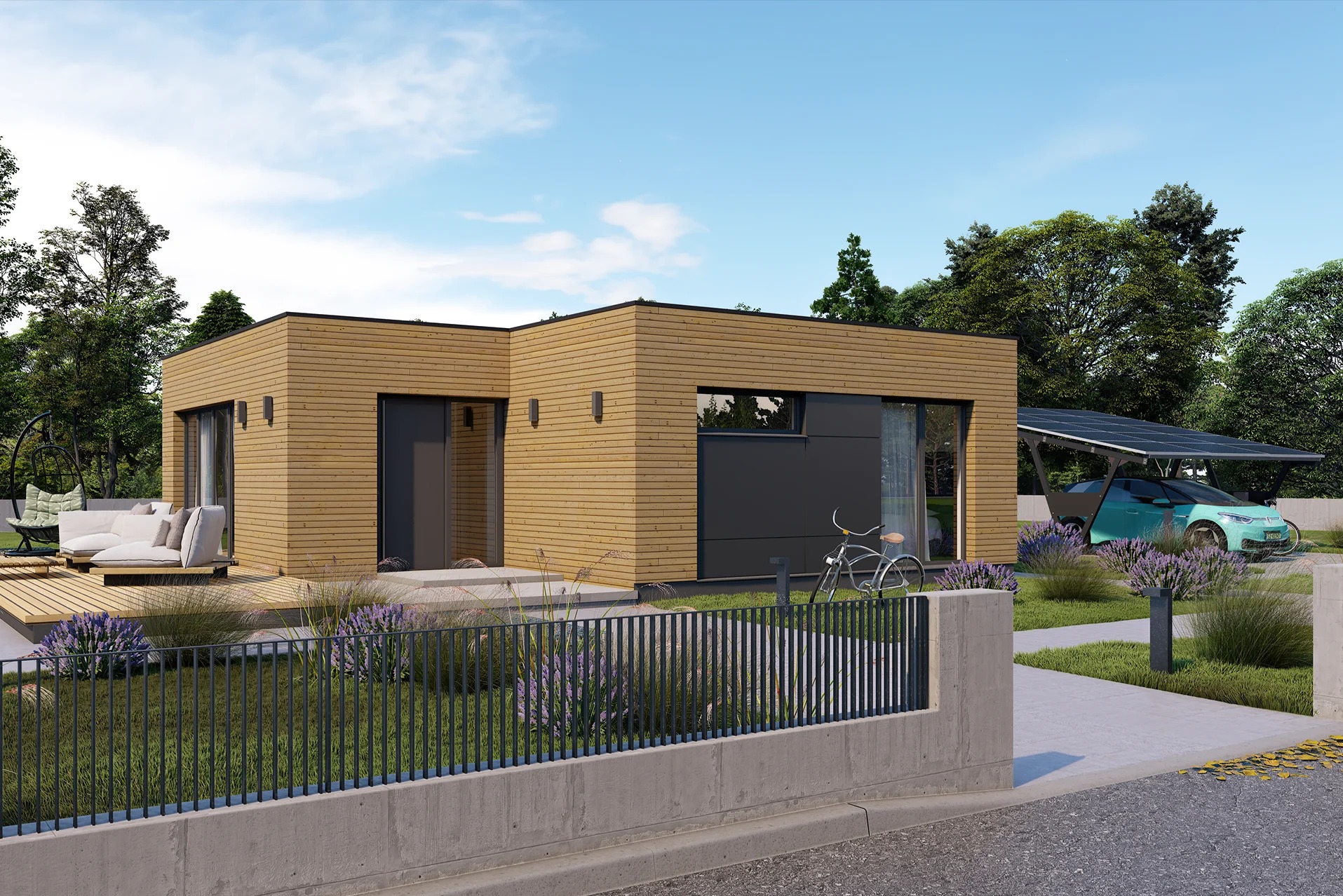 Nowoczesny dom modułowy z elewacją z jasnego drewna, tarasem z huśtawką i miejscem parkingowym z panelami słonecznymi dla samochodu elektrycznego, widok zza niskiego betonowego murku z metalowym...