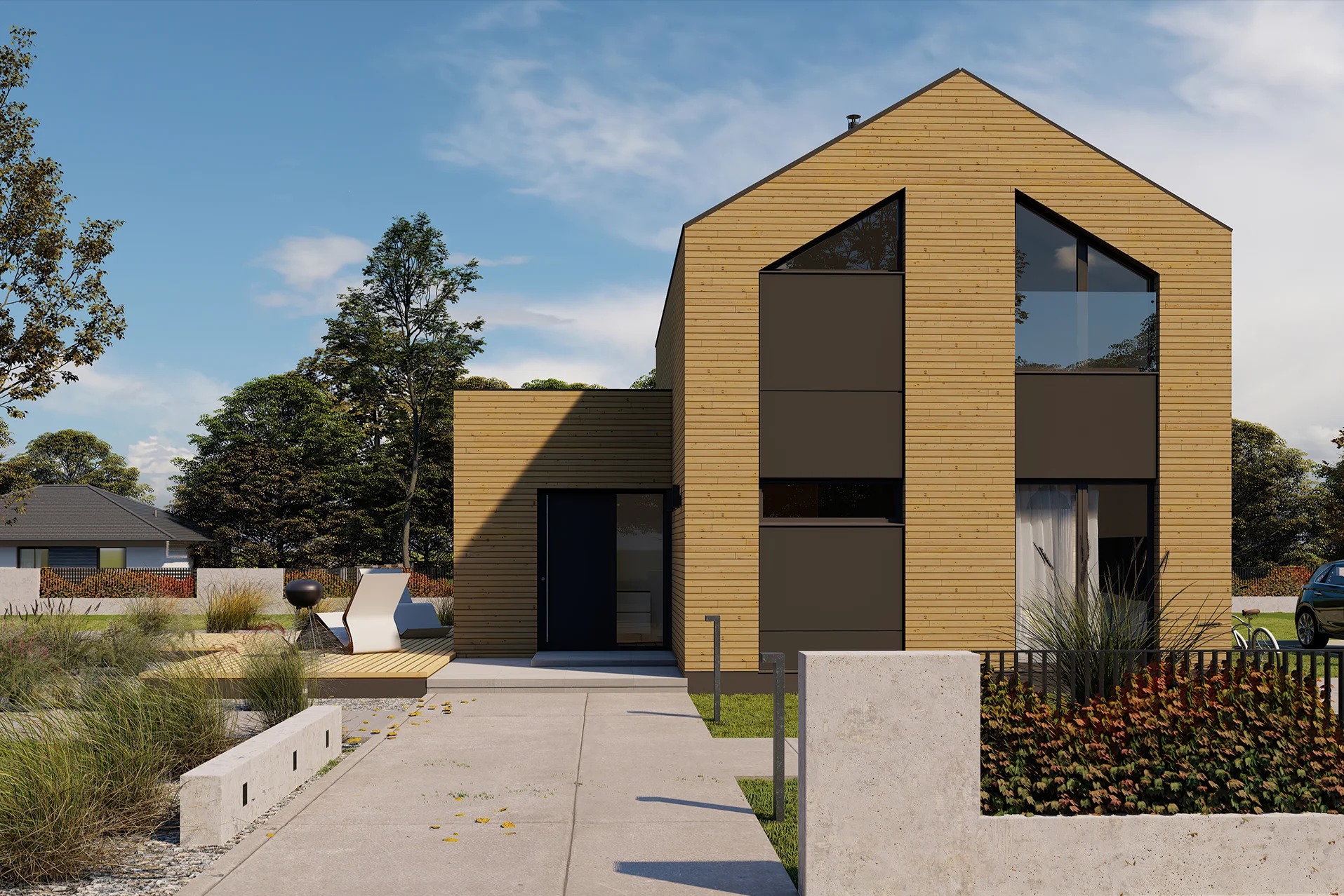 Nowoczesny dom o elewacji z jasnego drewna z dużymi oknami, minimalistyczny ogród z elementami betonowymi i drewnianym tarasem