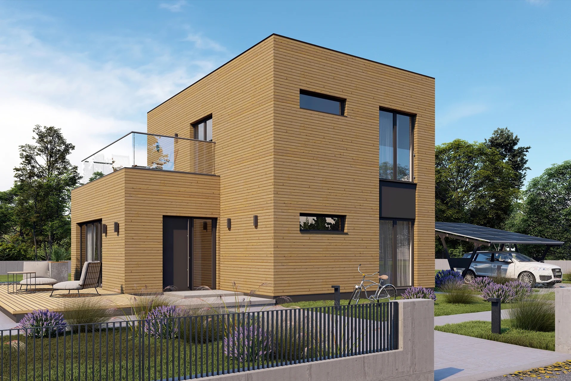 Nowoczesny, dwukondygnacyjny dom z drewnianą elewacją, balkonem z przeszkloną balustradą i wiatą solarną dla samochodu.