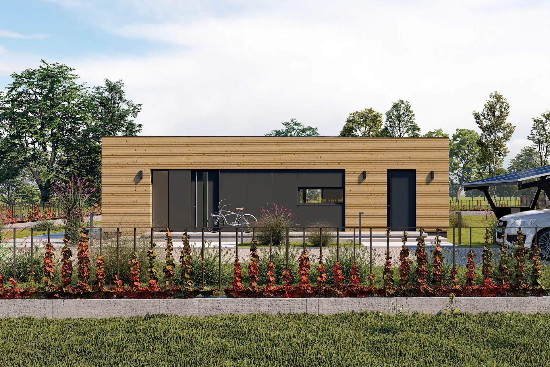 Nowoczesny dom z drewnianą elewacją, rower oparty o ścianę, carport z panelami słonecznymi i samochód w tle.