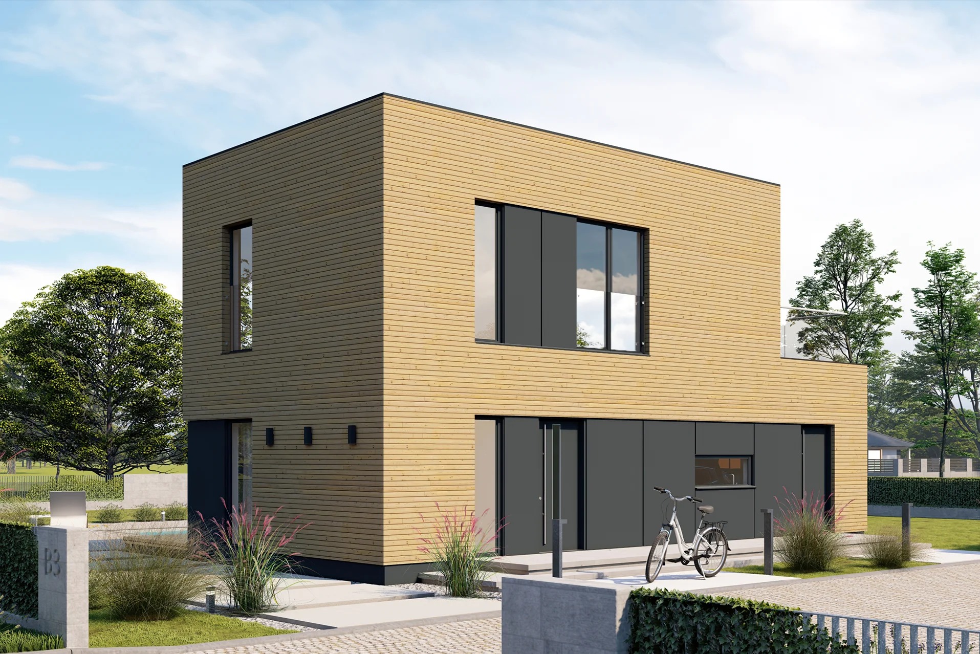 Nowoczesny, dwukondygnacyjny dom o prostej bryle, wykończony drewnianą elewacją w jasnym odcieniu i szarymi panelami, z dużymi oknami i balkonem, otoczony zielenią, z rowerem opartym o ścianę.