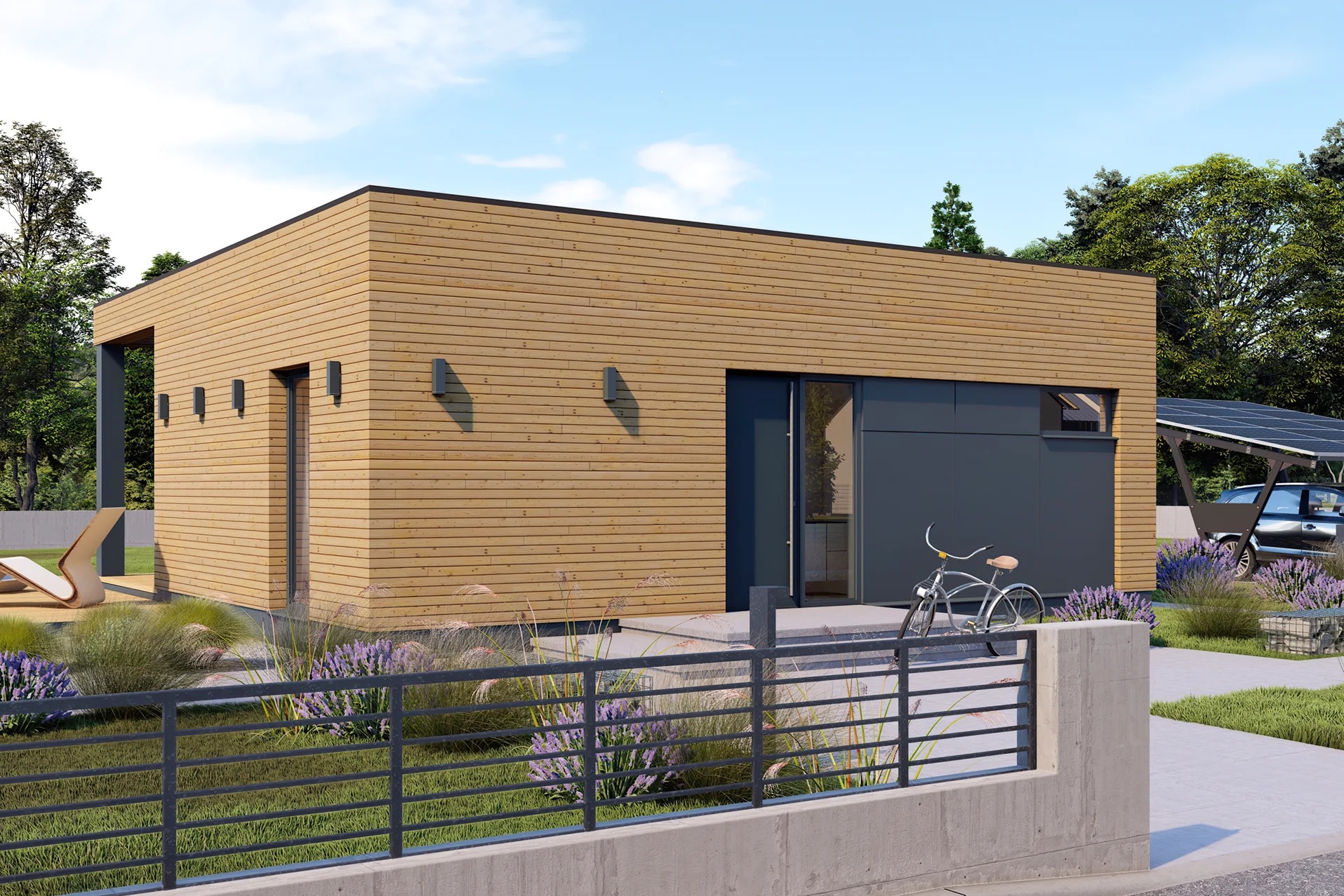 Nowoczesny, parterowy dom z elewacją z jasnego drewna, szarą częścią przy wejściu, rowerem opartym o schody i panelem fotowoltaicznym nad samochodem w tle.