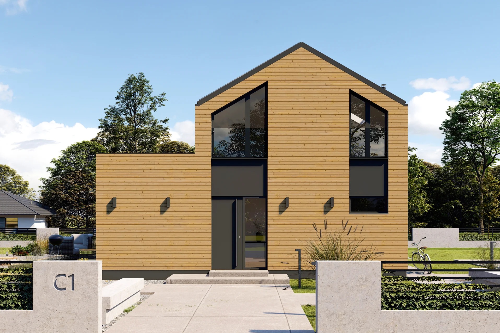 Nowoczesny dom z elewacją z jasnego drewna, z asymetrycznymi oknami i ciemną stolarką, otoczony zielenią i betonowym ogrodzeniem z numerem C1.