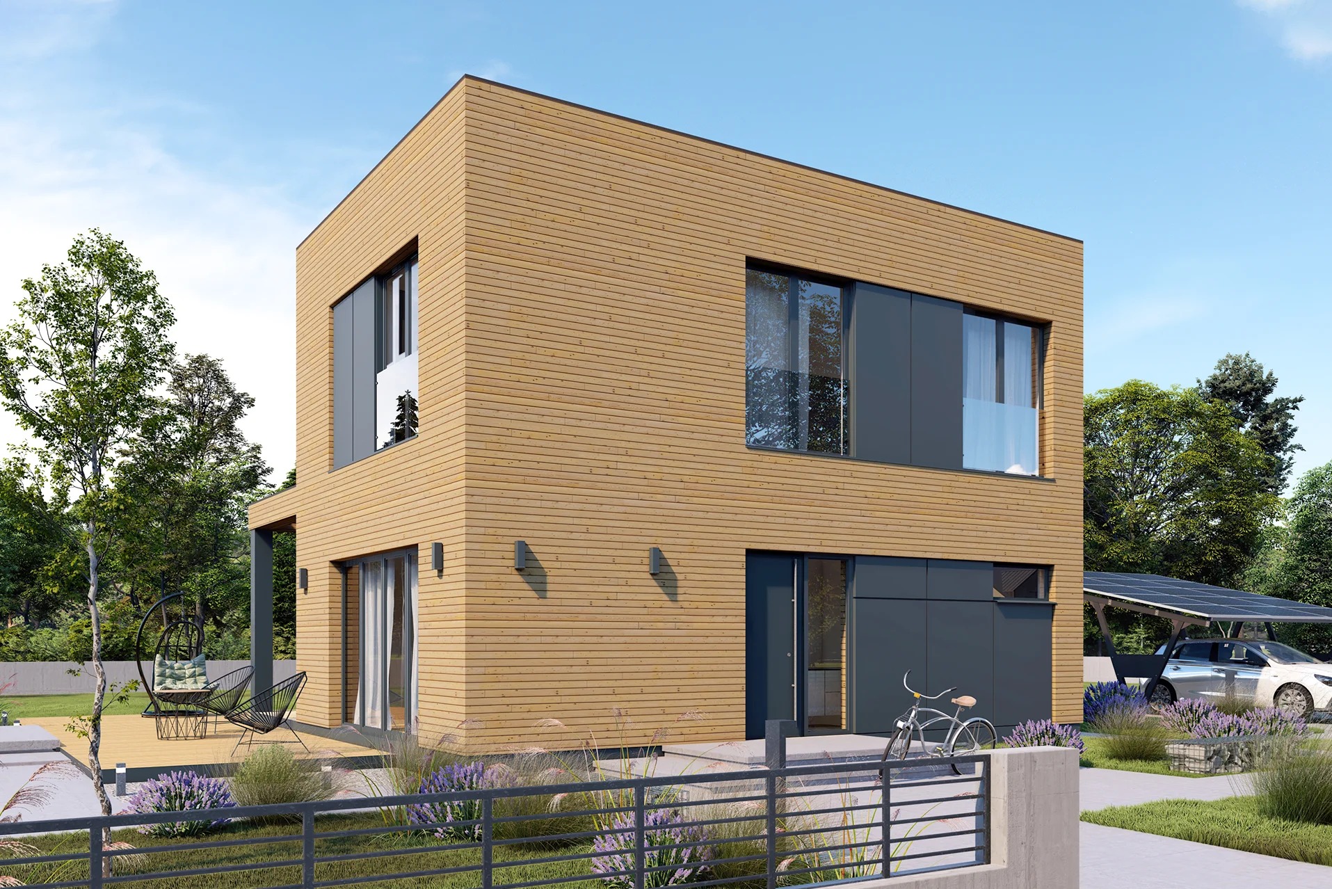 Nowoczesny dwukondygnacyjny dom modułowy z elewacją z jasnego drewna, dużymi oknami, tarasem z huśtawką i miejscem parkingowym z panelami słonecznymi.