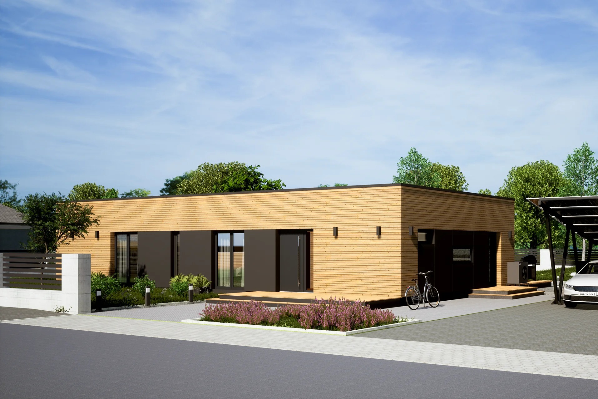 Wizualizacja parterowego domu z elewacją z jasnego drewna, płaskim dachem i czarnymi ramami okiennymi, z rowerem opartym o ścianę garażu i samochodem pod wiatą.