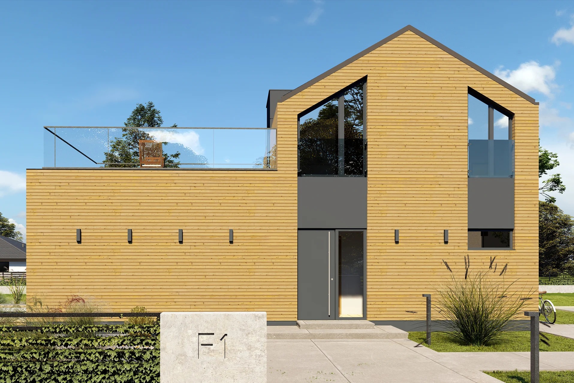 Nowoczesny dom z drewnianą elewacją, dużymi oknami i tarasem na dachu, oświetlony zewnętrznymi kinkietami, z betonowym słupkiem z wyrytym numerem posesji.