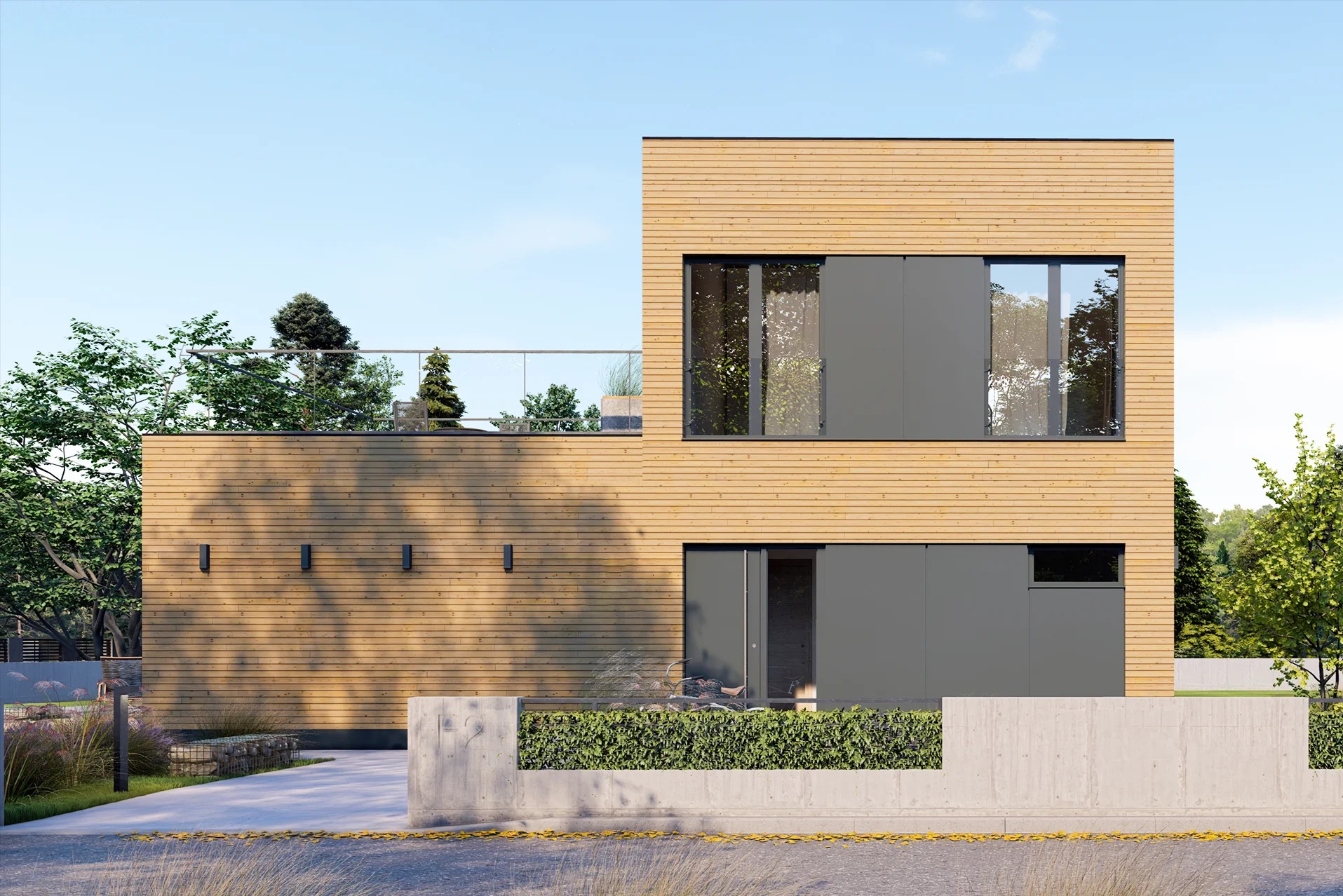 Nowoczesny dom o prostej bryle z elewacją z jasnego drewna, dużymi szarymi oknami i płaskim dachem z roślinnością, widok z poziomu ulicy.