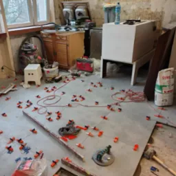 Podłoga w trakcie układania płytek, widoczne krzyżyki dystansowe, przyssawka do płytek, poziomica, młotek gumowy, worek z zaprawą klejową CEKOL, oraz nieporządek w remontowanym pomieszczeniu.