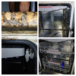 Pucuś& Glancuś - Cztery zbliżenia na wnętrze brudnej zmywarki, pokazujące osady i zabrudzenia na ściankach, koszach i uszczelkach.