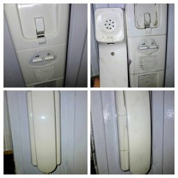 Pucuś& Glancuś - Brudny, kremowy domofon z widocznymi śladami użytkowania i zabrudzeniami na obudowie i słuchawce, zamontowany na białej ścianie.