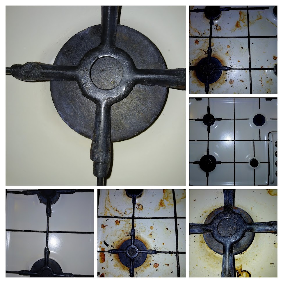 Kolaż zdjęć przedstawiających zabrudzoną i czystą płytę kuchenną z palnikami przed i po czyszczeniu, ukazujący efekt wykonanej pracy.