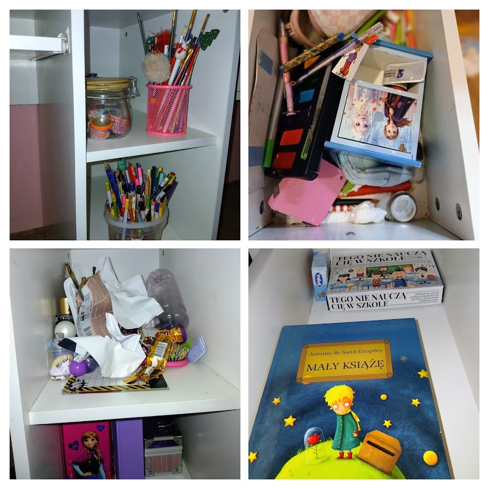 Cztery kadry przedstawiające wnętrze szafki/półki z różnymi przedmiotami: pędzle w różowym pojemniku, kolorowe długopisy, otwartą szufladę z kredkami i farbami, śmieci, butelkę, kosmetyki, książki...