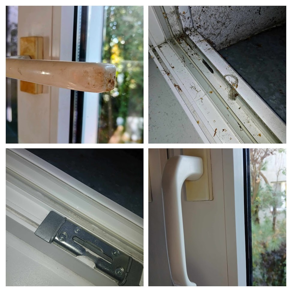 Zbliżenie na detale brudnych okien i ram okiennych przed czyszczeniem, widoczne plamy, kurz i pajęczyny w czterech różnych ujęciach.