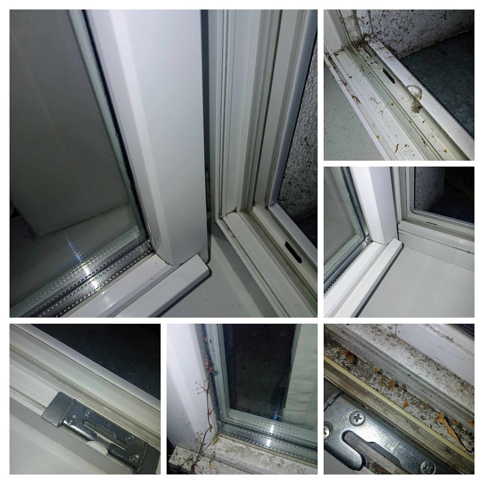 Kolaż przedstawiający detale brudnych, białych ram okiennych z widocznymi zabrudzeniami, kurzem i resztkami organicznymi w różnych ujęciach.