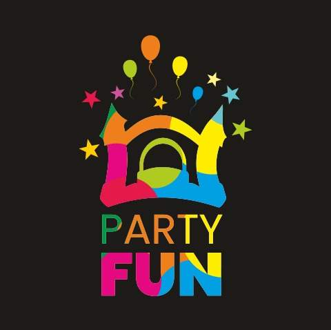 Kolorowa grafika wektorowa z napisem 'PARTY FUN', stylizowanym dmuchańcem i balonami na czarnym tle.