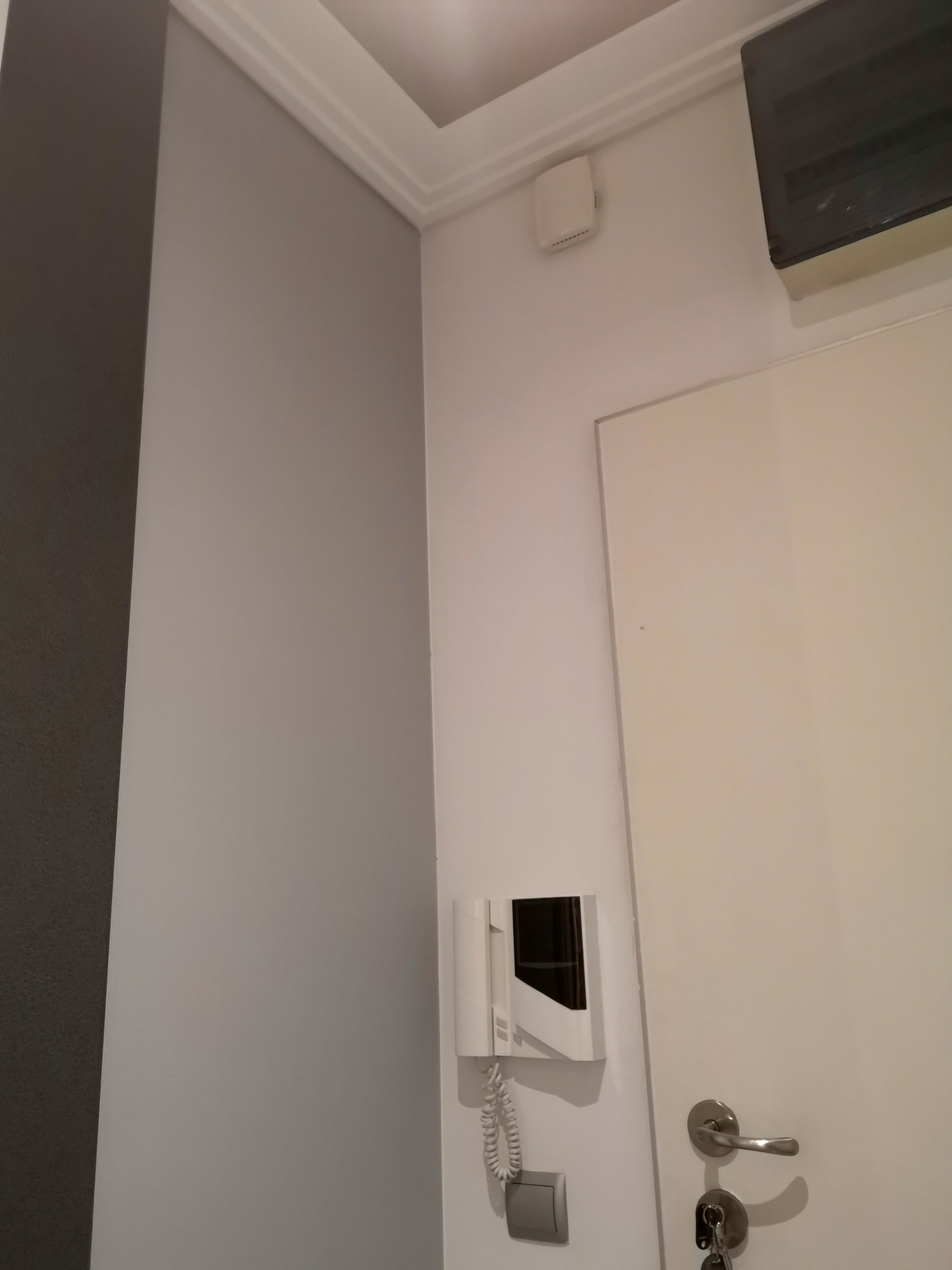 Fragment wnętrza po odświeżeniu: Szara ściana z ciemniejszym pasem, biała listwa sufitowa, domofon przy białych drzwiach z metalową klamką i kluczami.