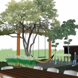 Wizualizacja ogrodu z huśtawką hamakową pod drzewem, drewnianym stołem jadalnym i ścieżką. Mężczyzna z kotem w tle. Styl rysunkowy z elementami realizmu.