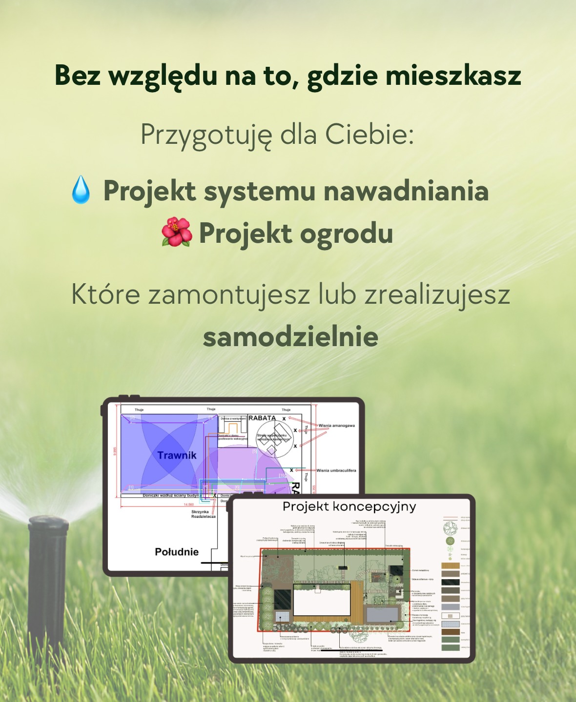Projekt ogrodu i systemu nawadniania prezentowany na tle trawy. Widoczne plany koncepcyjne z rozmieszczeniem roślin i instalacji. Zraszacz w trawie.