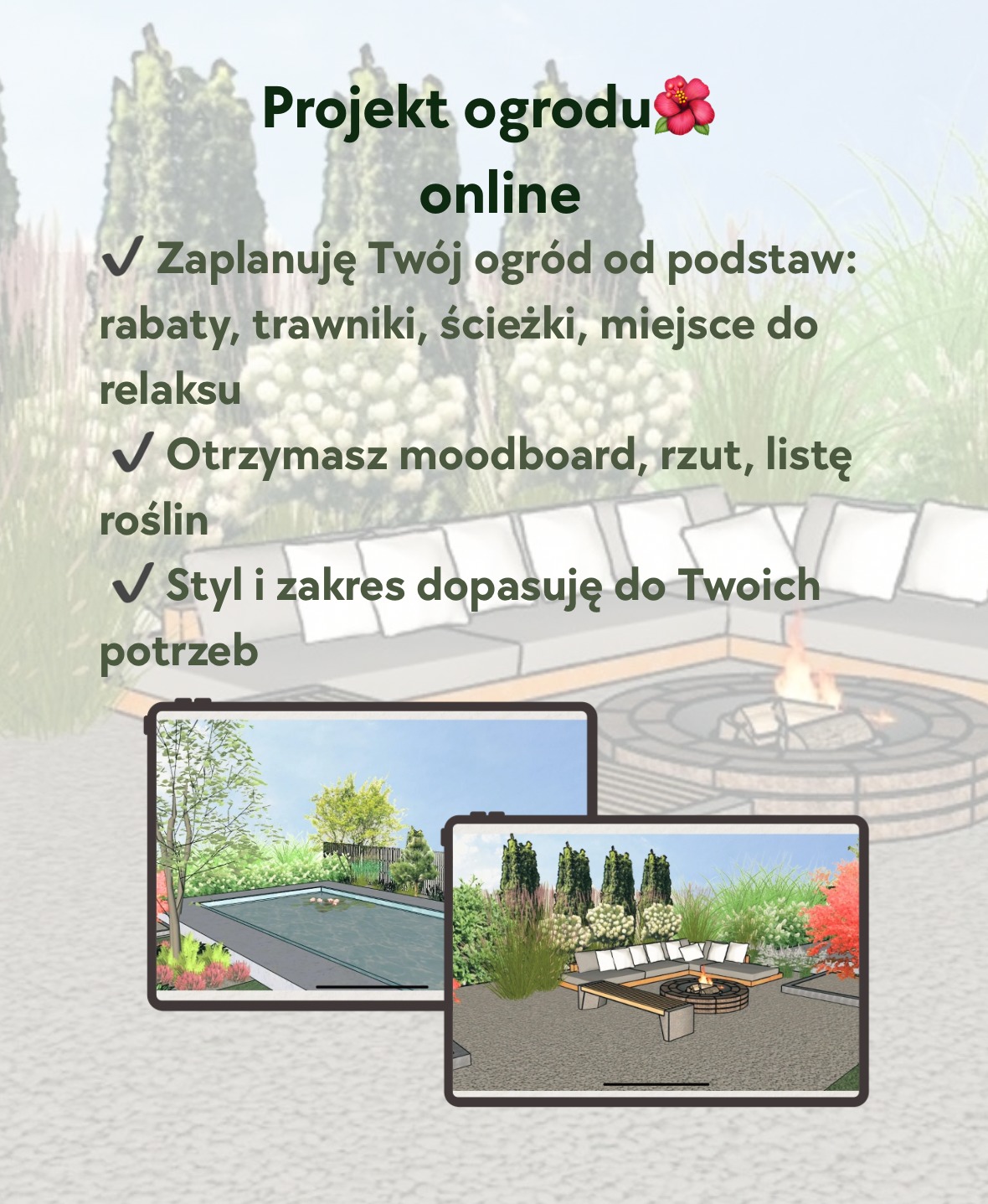 Projekt ogrodu online: wizualizacje na tabletach prezentują aranżacje z basenem i strefą relaksu z paleniskiem. Oferta obejmuje moodboard, rzut i listę roślin.