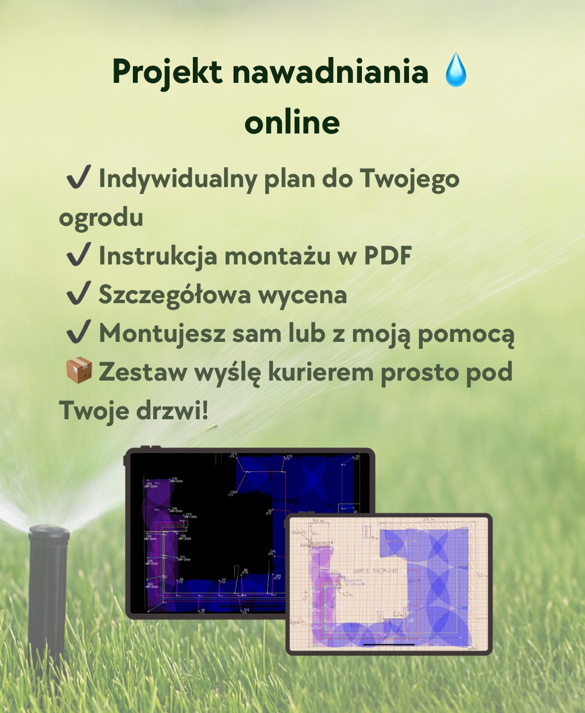 Projekt nawadniania online: plan ogrodu na tablecie i schemat na kartce, w tle trawnik ze zraszaczem. Indywidualny plan, instrukcja PDF, wycena, montaż samodzielny lub z pomocą.