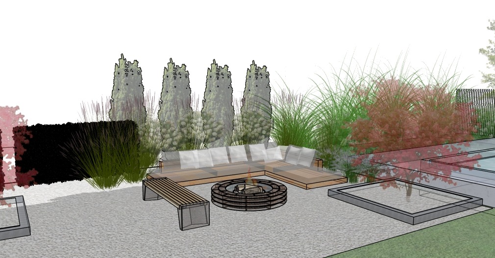 Wizualizacja ogrodu z drewnianym narożnikiem, paleniskiem i roślinnością ozdobną. Widoczne tuje, trawy i krzewy. Całość utrzymana w stonowanej kolorystyce.