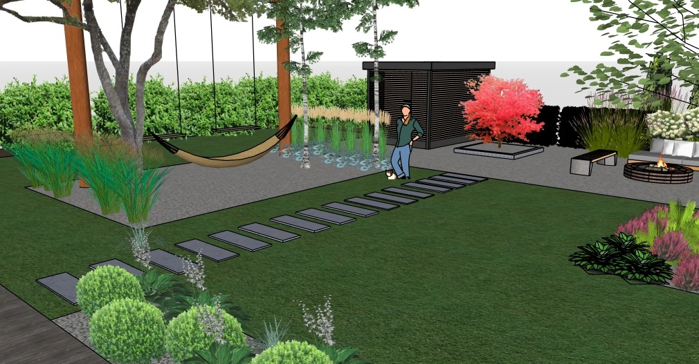 Wizualizacja ogrodu z hamakiem, ścieżką z płyt, drzewami i paleniskiem. Projekt ogrodu z elementami relaksu i wypoczynku, w nowoczesnym stylu.