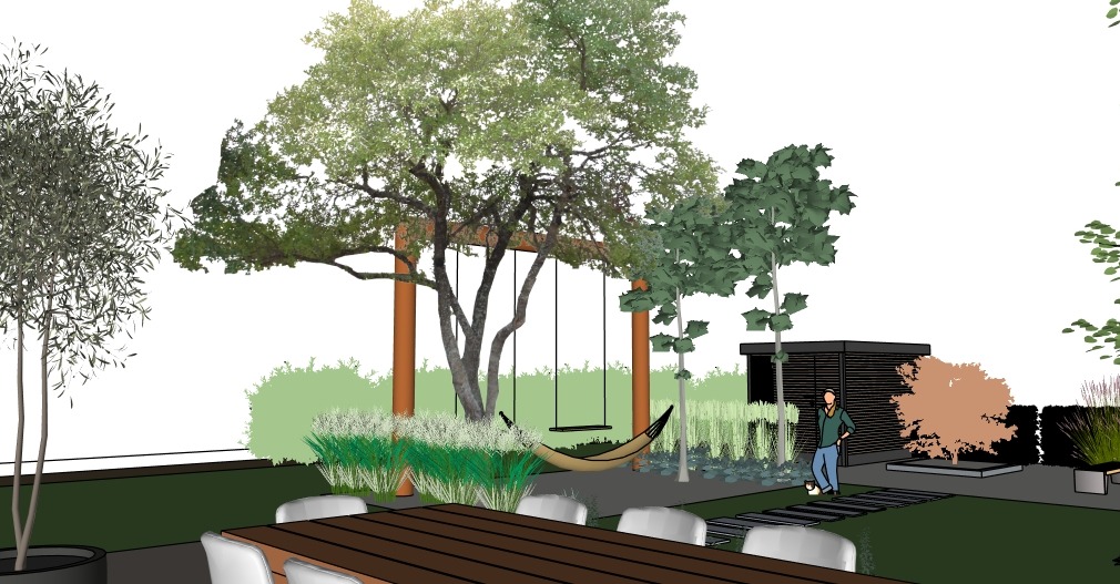 Wizualizacja ogrodu z huśtawką hamakową pod drzewem, drewnianym stołem jadalnym i ścieżką. Mężczyzna z kotem w tle. Styl rysunkowy z elementami realizmu.