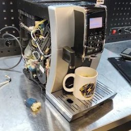 ElexFix Dawid Hłubek - Rozłożony ekspres do kawy na metalowym stole warsztatowym, obok filiżanka z kawą. Widoczne wewnętrzne elementy urządzenia.