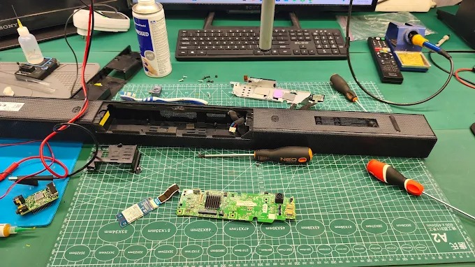 Rozłożony soundbar na macie serwisowej, widoczne narzędzia (śrubokręty, lutownica), elementy elektroniczne. Sprzęt w trakcie naprawy, na biurku monitor i klawiatura.