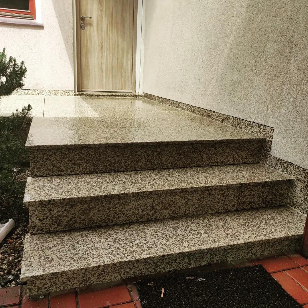 Trzy stopnie wejściowe z jasnego, nakrapianego kamienia prowadzące do drzwi wejściowych, z małą choinką po lewej stronie i wycieraczką na dole.