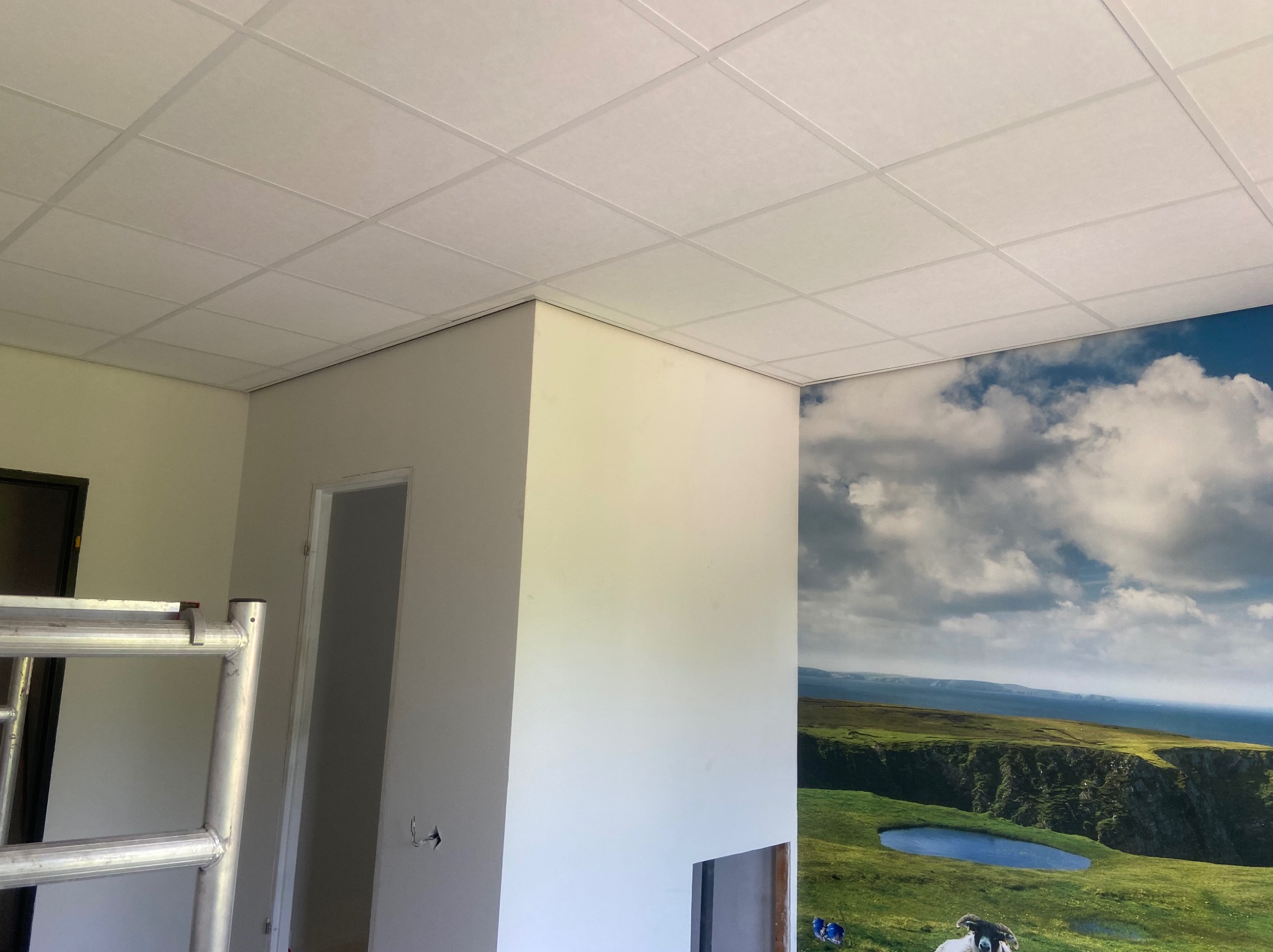 Biały sufit kasetonowy w trakcie montażu, widoczne ściany z fototapetą krajobrazową i fragment rusztowania. Prace wykończeniowe wnętrz w pomieszczeniu.