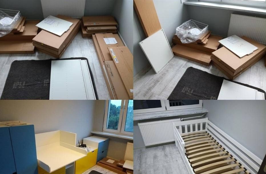 Rozpakowane elementy mebli dziecięcych, w tym łóżeczko ze stelażem, biurko z szufladami, oraz kartony i instrukcje, przygotowane do montażu w pokoju dziecięcym.