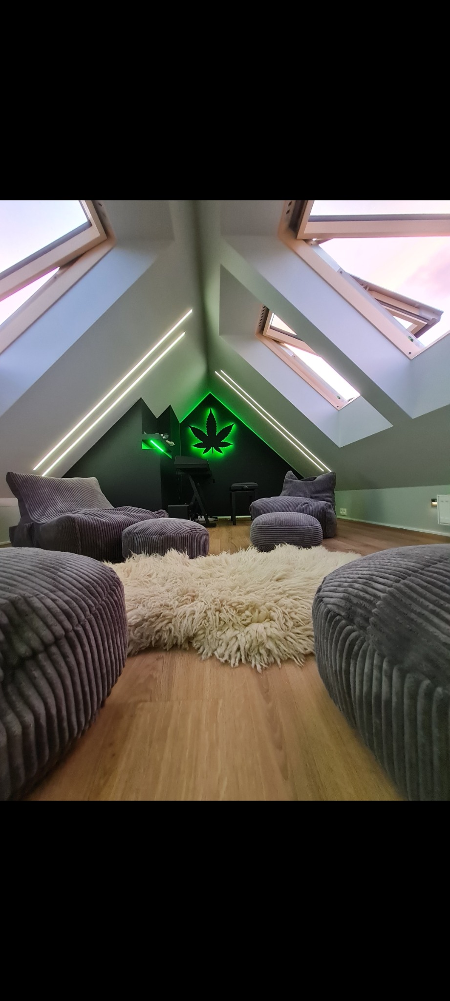 Pokój na poddaszu z oknami dachowymi, szarą ścianą z neonowym zielonym liściem, oświetleniem LED, pufami i dywanem z długim włosiem.