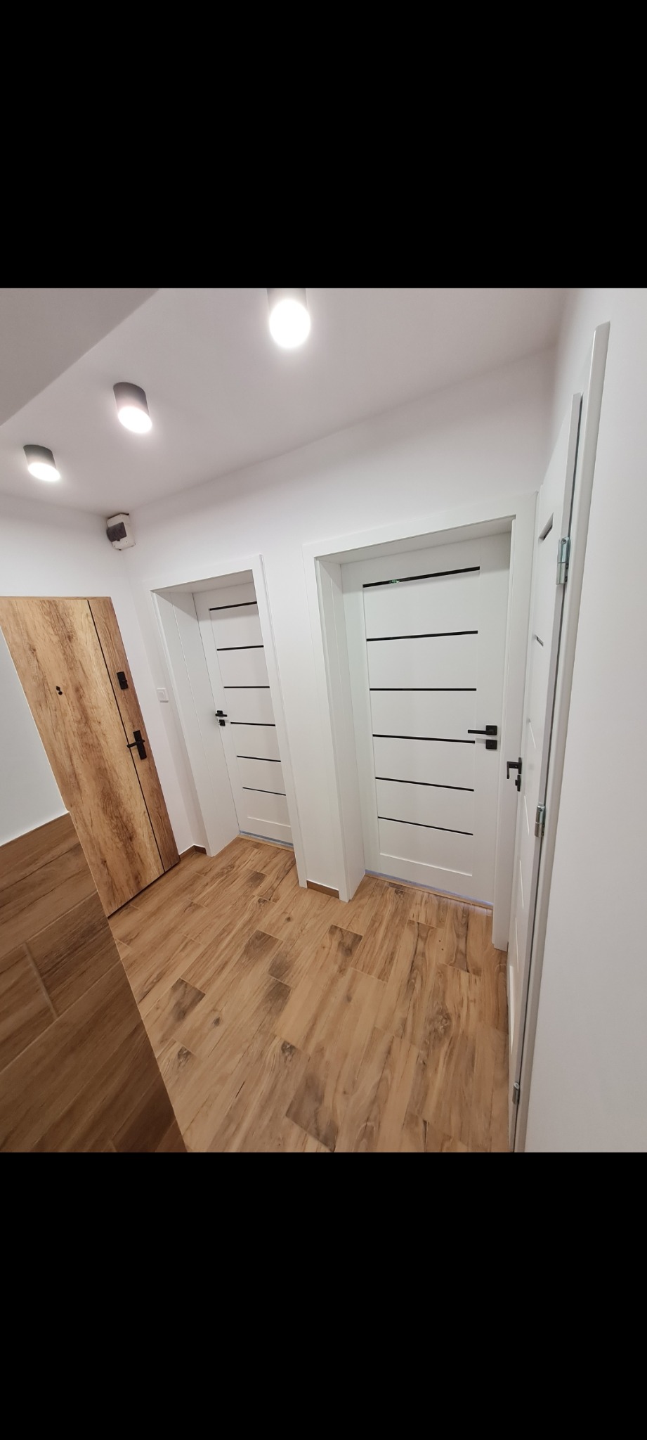 Korytarz z trzema drzwiami: jedne drewniane z czarną klamką, dwoje białych z czarnymi, poziomymi paskami i czarnymi klamkami, podłoga wyłożona płytkami imitującymi drewno, oświetlenie sufitowe...