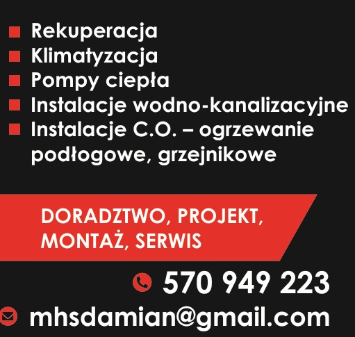 Grafika reklamowa firmy instalacyjnej oferującej rekuperację, klimatyzację, pompy ciepła, instalacje wodno-kanalizacyjne oraz C.O. z ogrzewaniem podłogowym i grzejnikowym. Na czarnym tle, czerwony...
