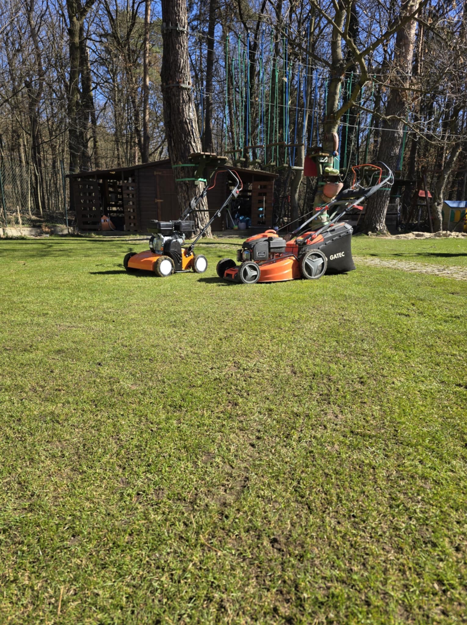 Dwie pomarańczowe kosiarki na trawie, jedna z koszem, druga mniejsza bez kosza. W tle drzewa i drewniana konstrukcja.
