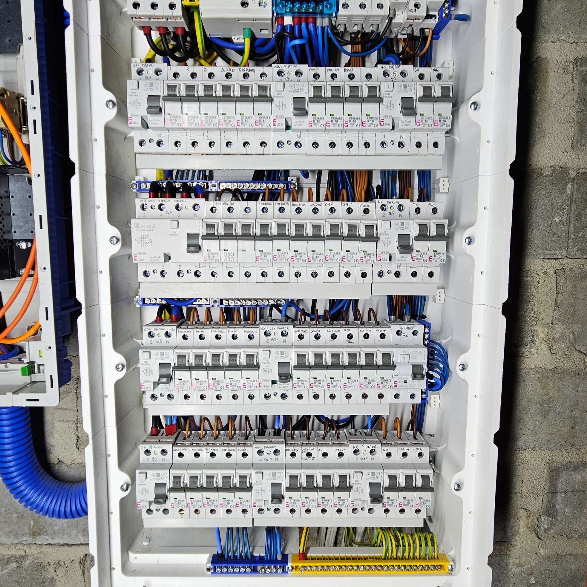 Rozdzielnica elektryczna z zamontowanymi bezpiecznikami i podłączonymi przewodami w różnych kolorach, widoczne oznaczenia obwodów i zabezpieczeń, obok ściana z surowego betonu i niebieska rura...