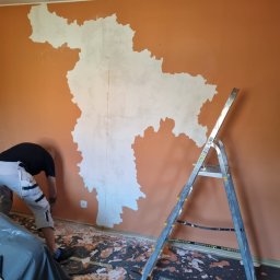 L..A Kora usługi remontowo budowlane - Pracownik w trakcie usuwania starej farby ze ściany, widoczne fragmenty odspojonej farby na podłodze zabezpieczonej folią, drabina oparta o ścianę, ściana częściowo pokryta nową warstwą.
